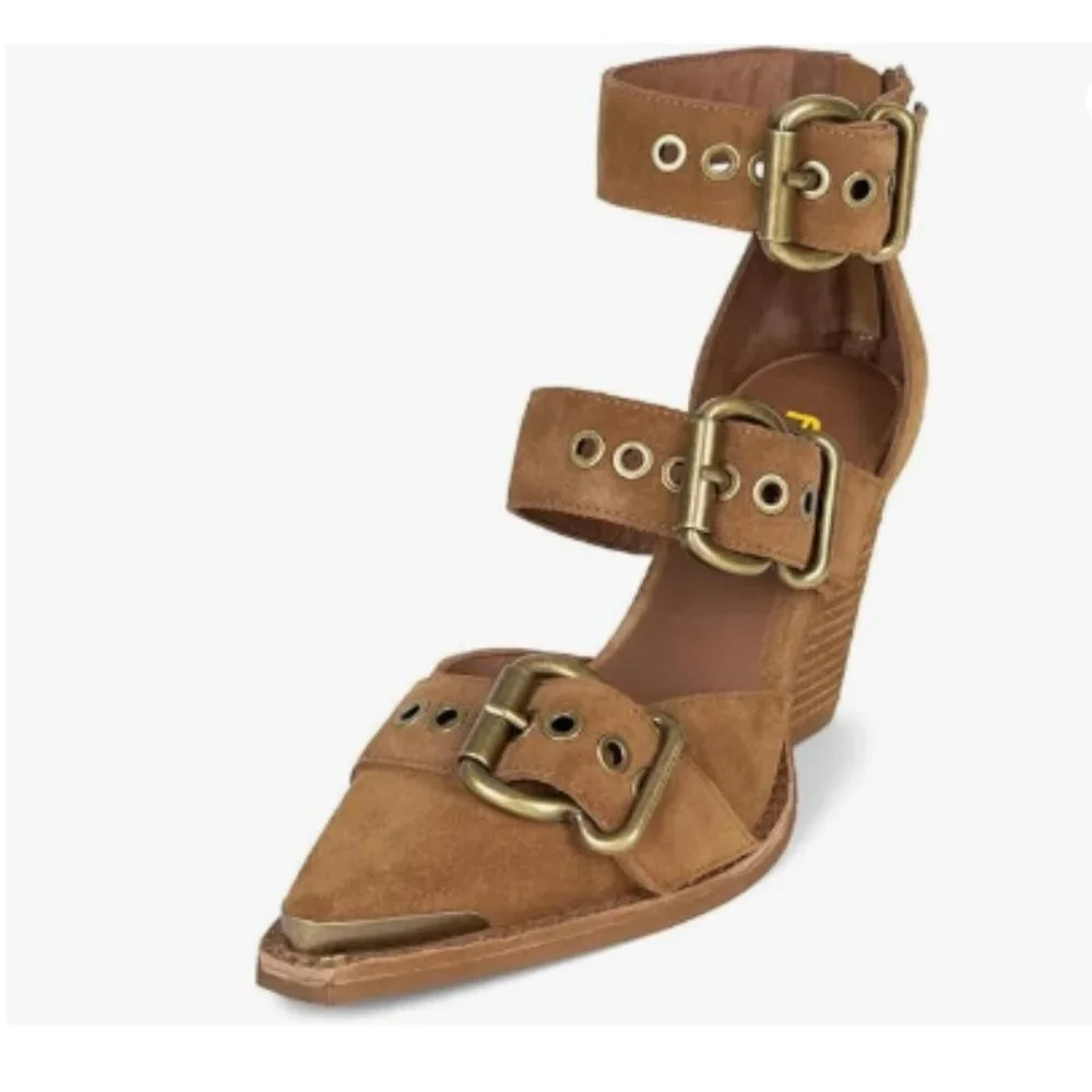 FSJ Camel Pointed Toe Metal Buckle Hollow Out Strappy Medium Thick Heel Sandal